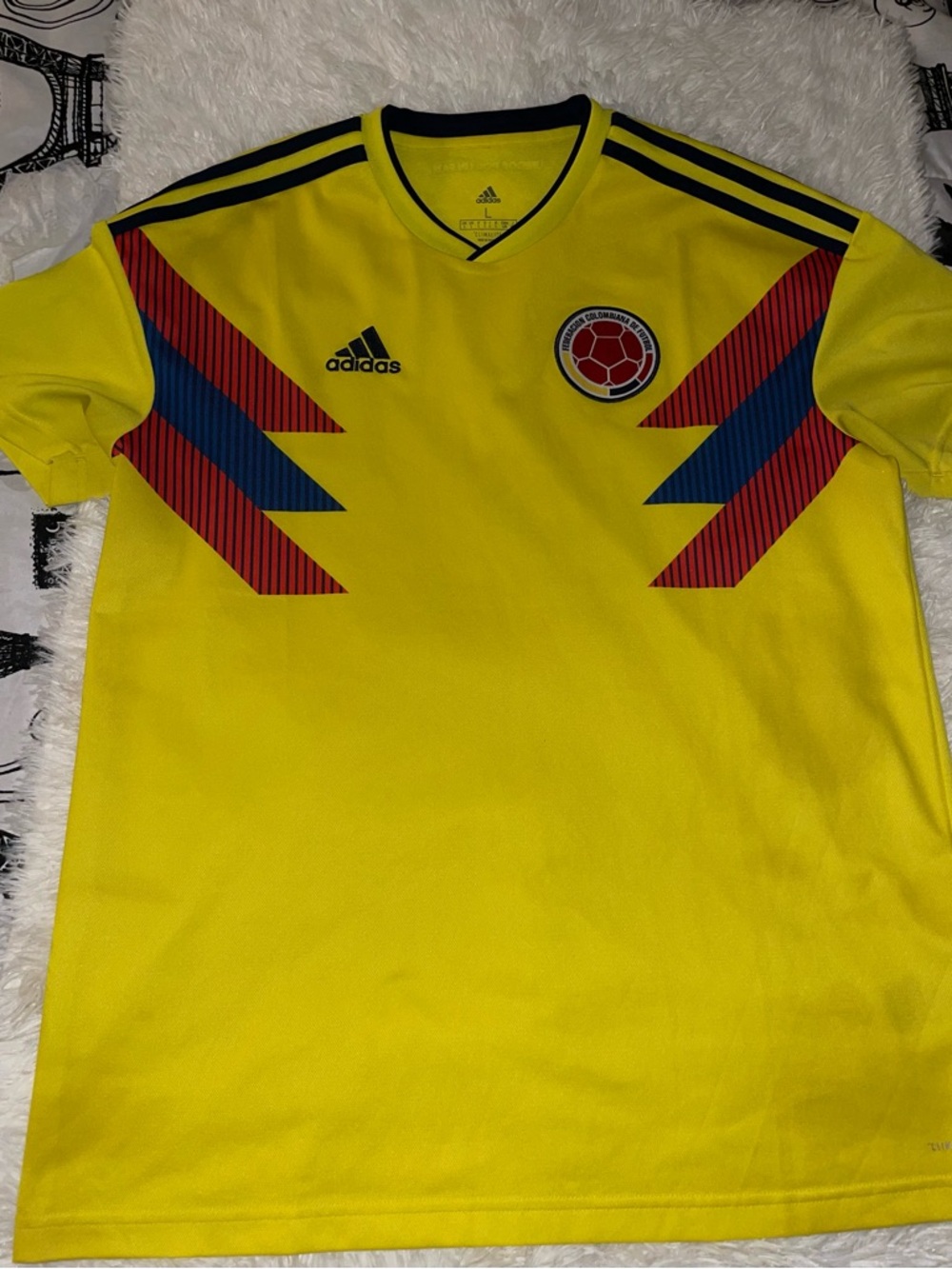 adidas Yellow Colombia Soccer Jersey with Red and Blue Accents. Large